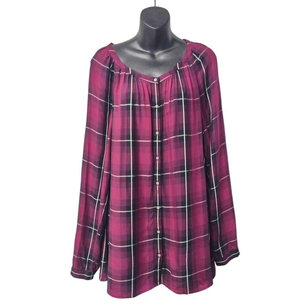 J.Jill Women's Long Sleeve Button Front Plaid Soft Shirt Red Black White Size XL